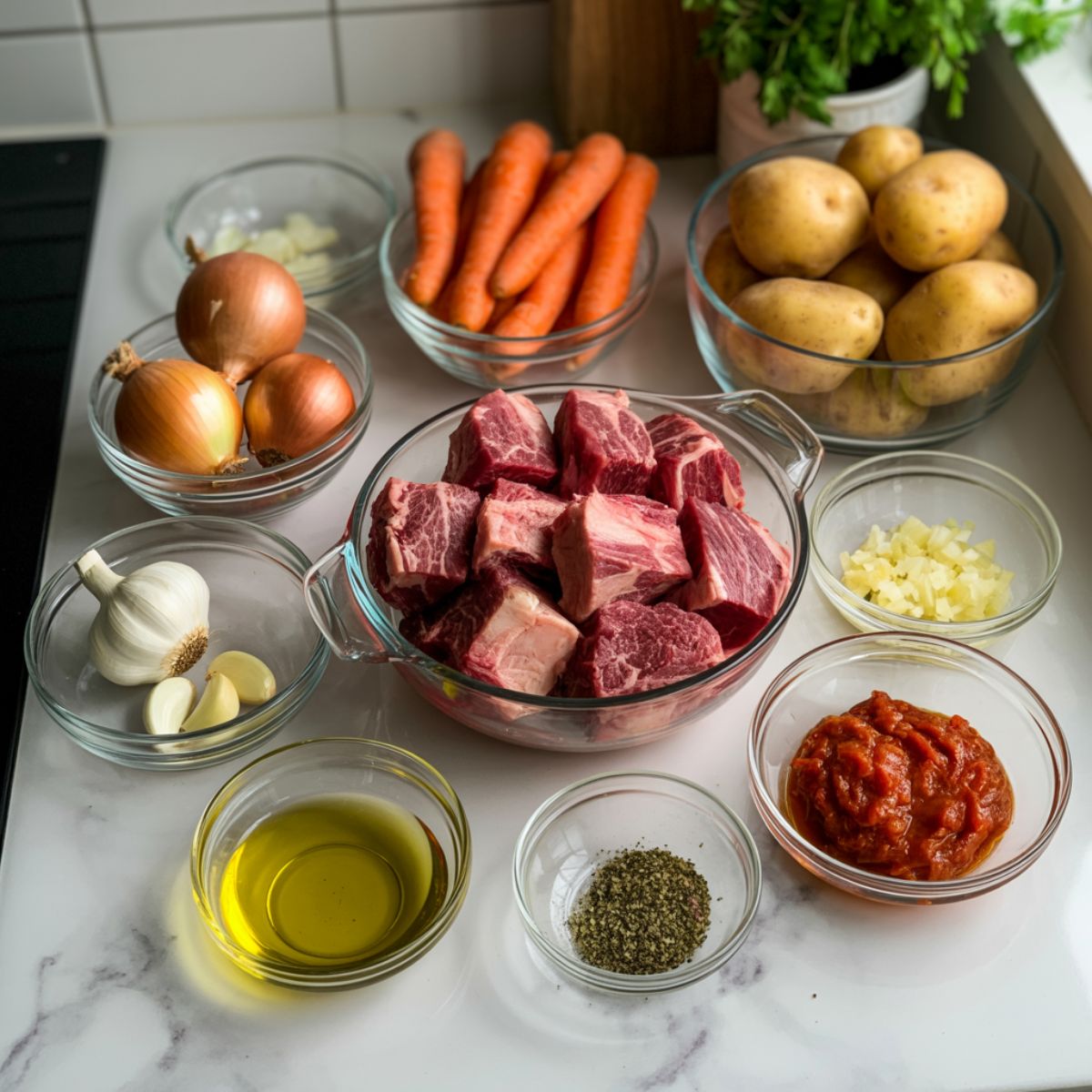 Overhead image of raw ingredients for braised beef stew including cubed beef, carrots, potatoes, onions, garlic, tomato paste, and red wine on a white kitchen counter. 