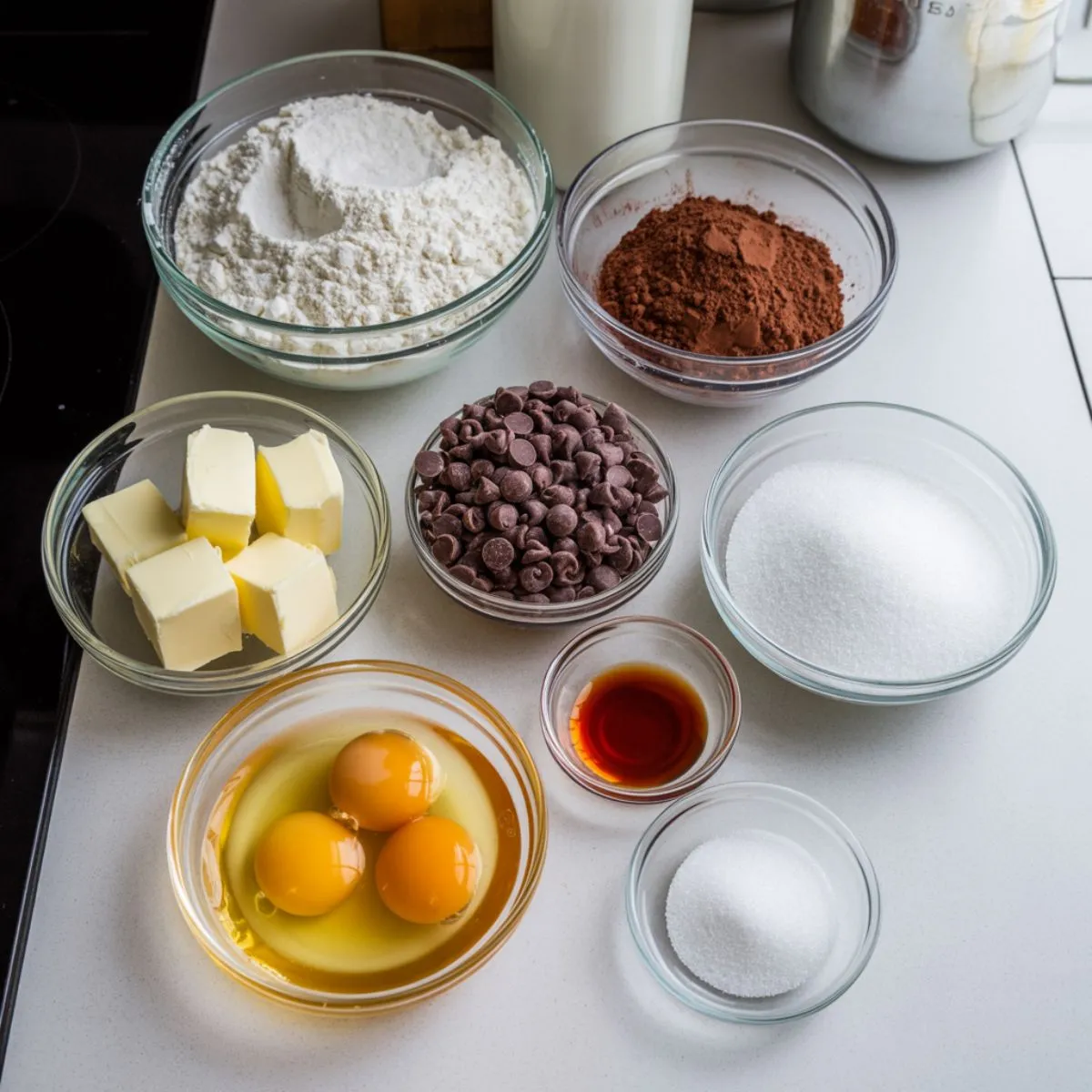 Overhead photo of brownie pie ingredients on a white kitchen counter including flour, cocoa powder, chocolate chips, butter, eggs, sugar, and vanilla.