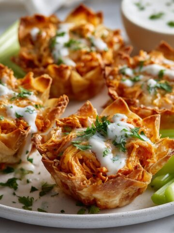 Homemade buffalo cups recipe on a white kitchen counter, topped with melted cheese, ranch drizzle, and parsley — a cozy game day appetizer served with celery sticks.