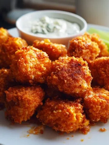 Homemade buffalo bites recipe served with blue cheese dip and celery on a white kitchen counter, overhead view.