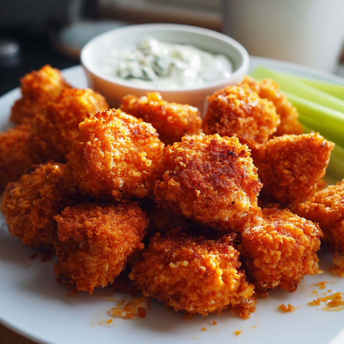 Homemade buffalo bites recipe served with blue cheese dip and celery on a white kitchen counter, overhead view.