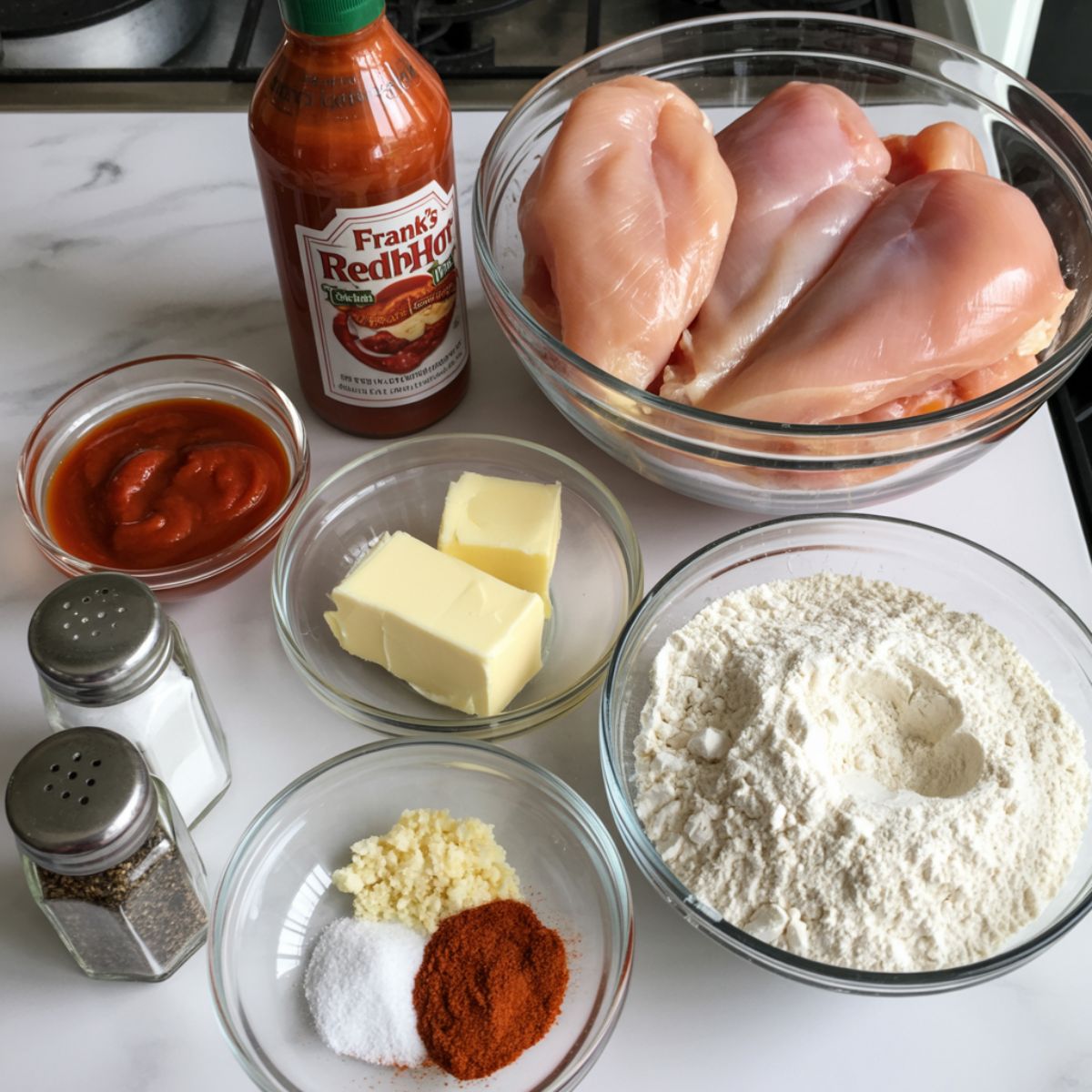Overhead view of buffalo bites ingredients including chicken pieces, hot sauce, butter, and spices on a white kitchen counter.