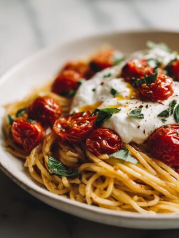 Homemade burrata pasta recipe with roasted cherry tomatoes and fresh basil, photographed from above on a white kitchen counter as burrata melts over warm spaghetti.