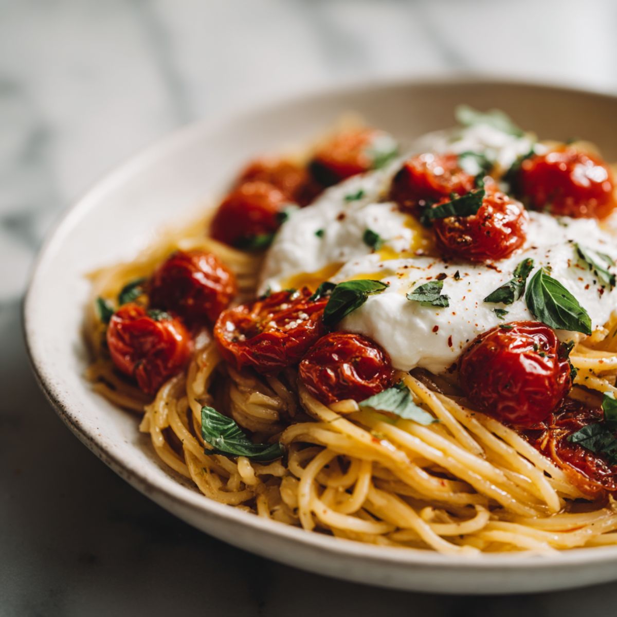 Homemade burrata pasta recipe with roasted cherry tomatoes and fresh basil, photographed from above on a white kitchen counter as burrata melts over warm spaghetti.