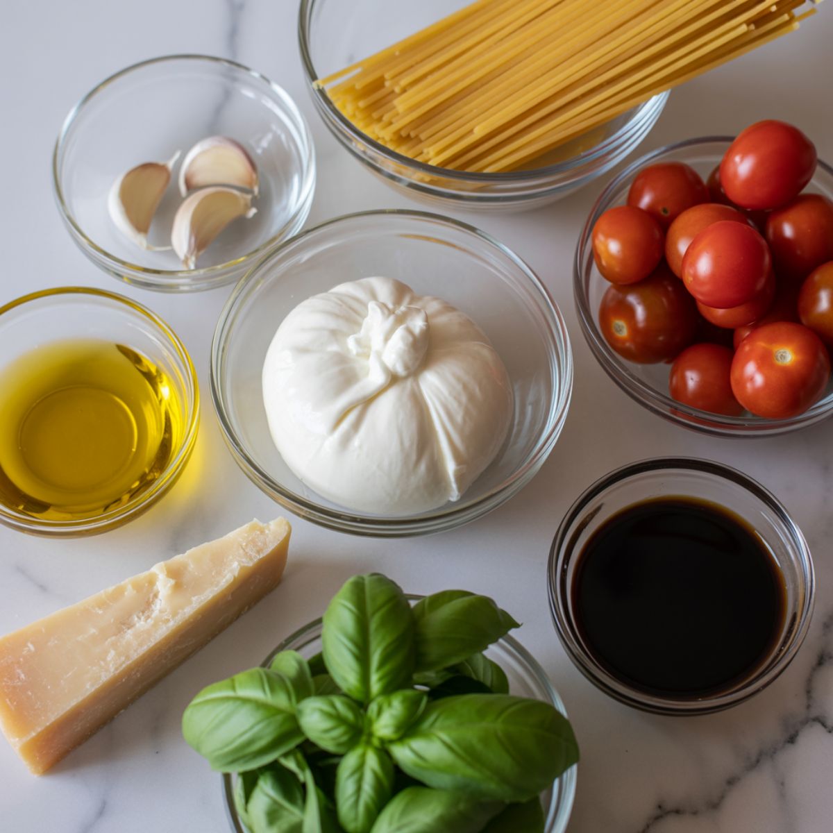 Flat lay of fresh ingredients for burrata pasta including burrata cheese, cherry tomatoes, spaghetti, garlic, basil, olive oil, and Parmesan on a white kitchen counter.