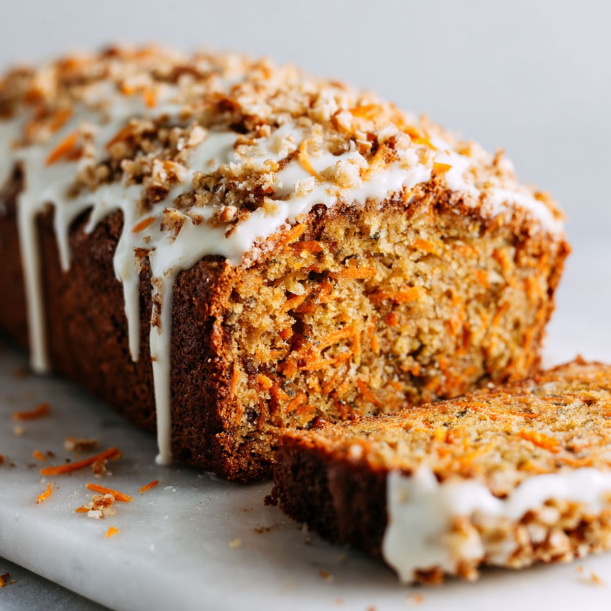 Homemade carrot cake bread recipe loaf with cream cheese glaze, sliced on a white marble kitchen counter in a casual homemade style.