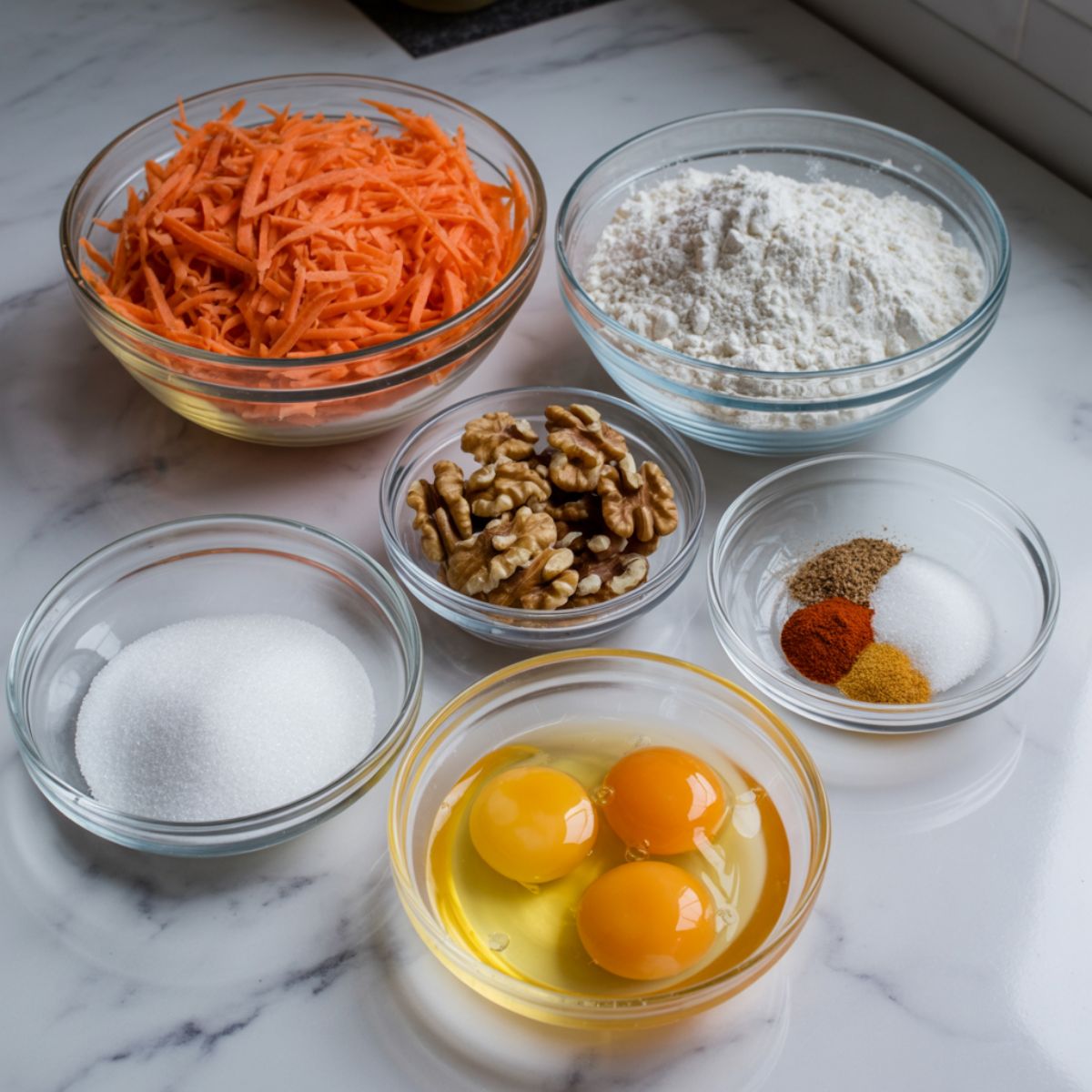 Overhead view of fresh ingredients for carrot cake bread including shredded carrots, flour, walnuts, eggs, and spices on a white marble counter.