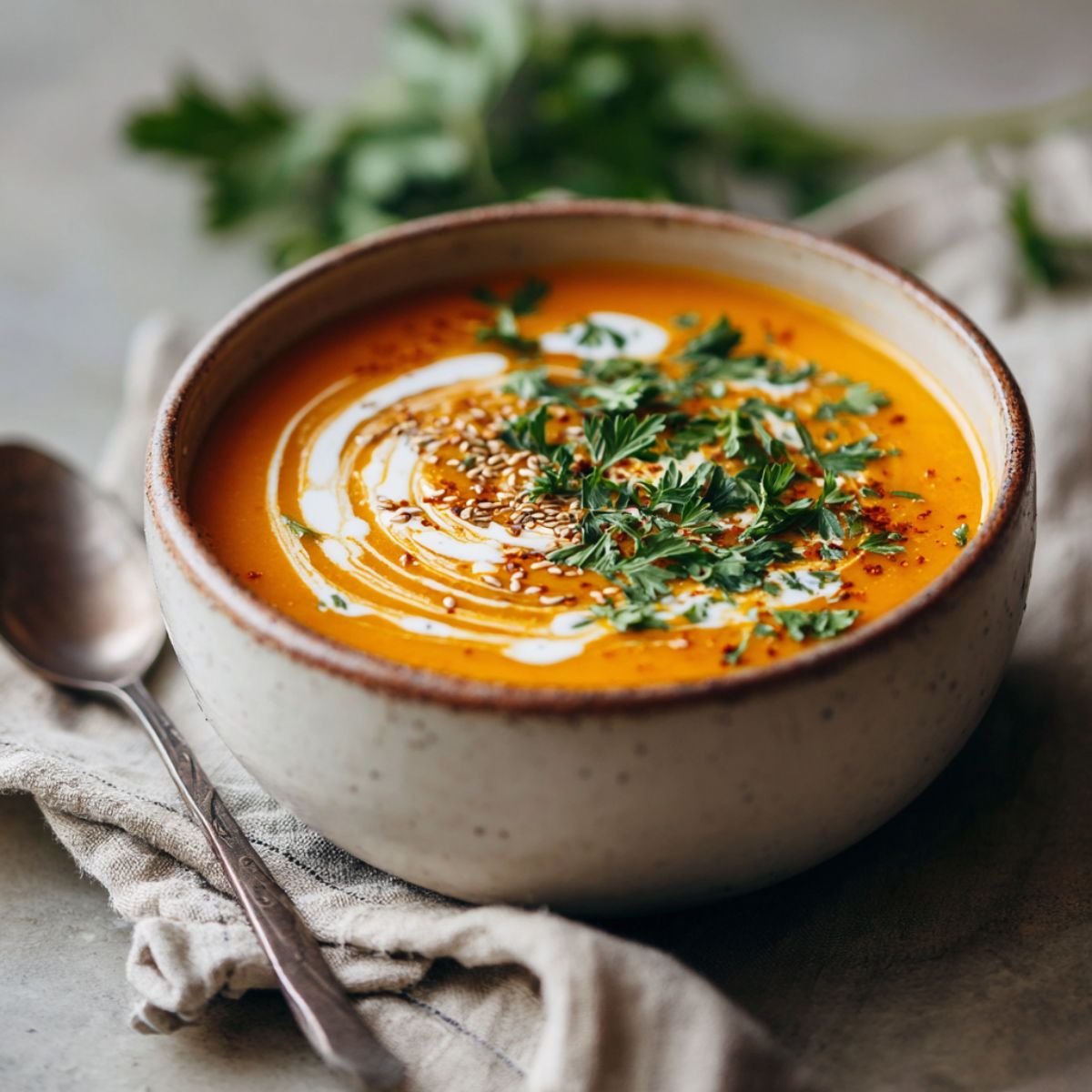 Homemade carrot cumin soup recipe served in a simple bowl on a white kitchen counter, with a swirl of coconut milk and parsley garnish, photographed from above in natural light.