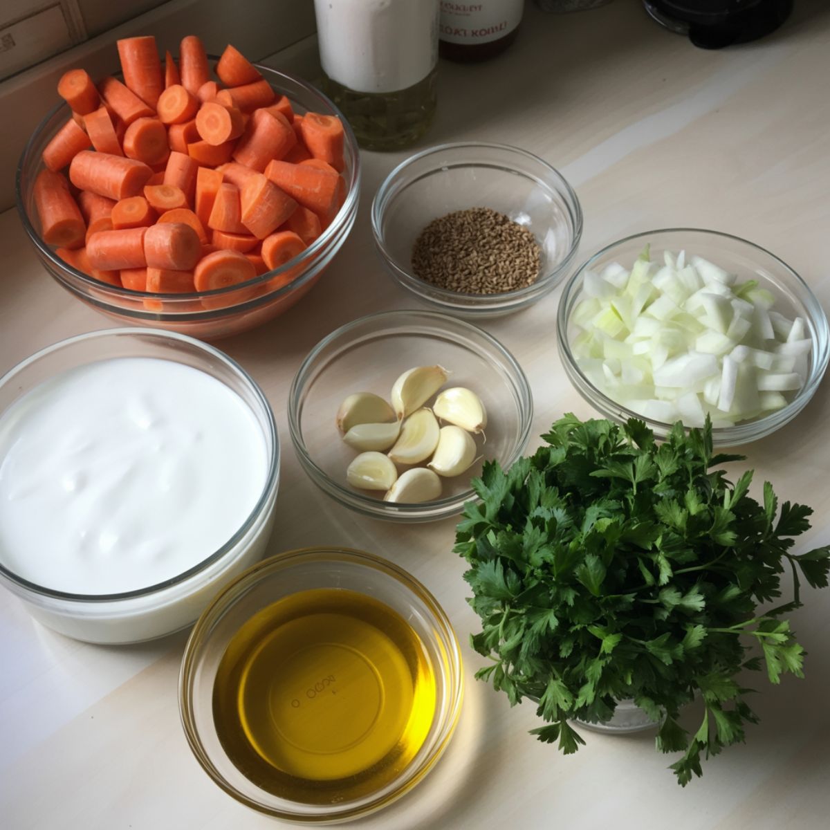 Overhead photo of raw ingredients for carrot cumin soup — chopped carrots, cumin seeds, garlic, onion, and coconut milk — laid out casually on a white kitchen counter.