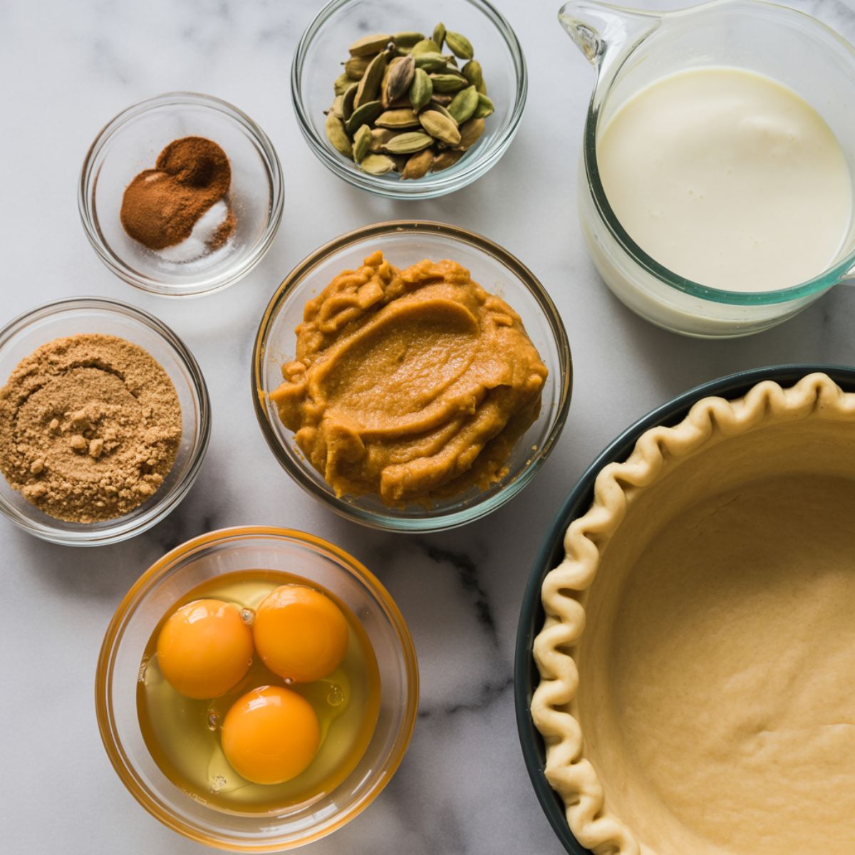 Overhead photo of chai spiced pumpkin pie ingredients on a white marble counter including pumpkin puree, spices, brown sugar, eggs, and cream.