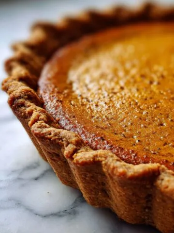 Homemade chai spiced pumpkin pie recipe on a white marble counter with golden crust and creamy filling, photographed from above in natural light.