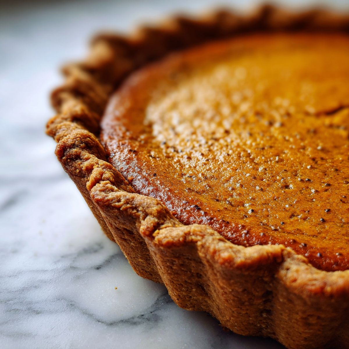 Homemade chai spiced pumpkin pie recipe on a white marble counter with golden crust and creamy filling, photographed from above in natural light.