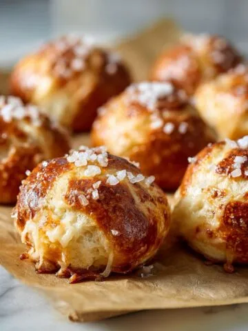 Homemade cheese pretzel bites recipe fresh from the oven on parchment paper, golden brown with melted cheese and sea salt on a white marble kitchen counter.