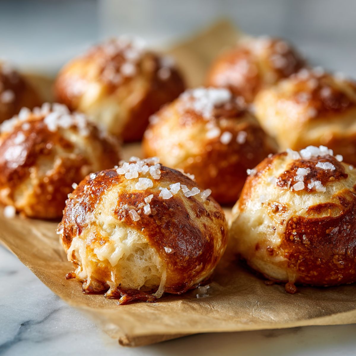 Homemade cheese pretzel bites recipe fresh from the oven on parchment paper, golden brown with melted cheese and sea salt on a white marble kitchen counter.