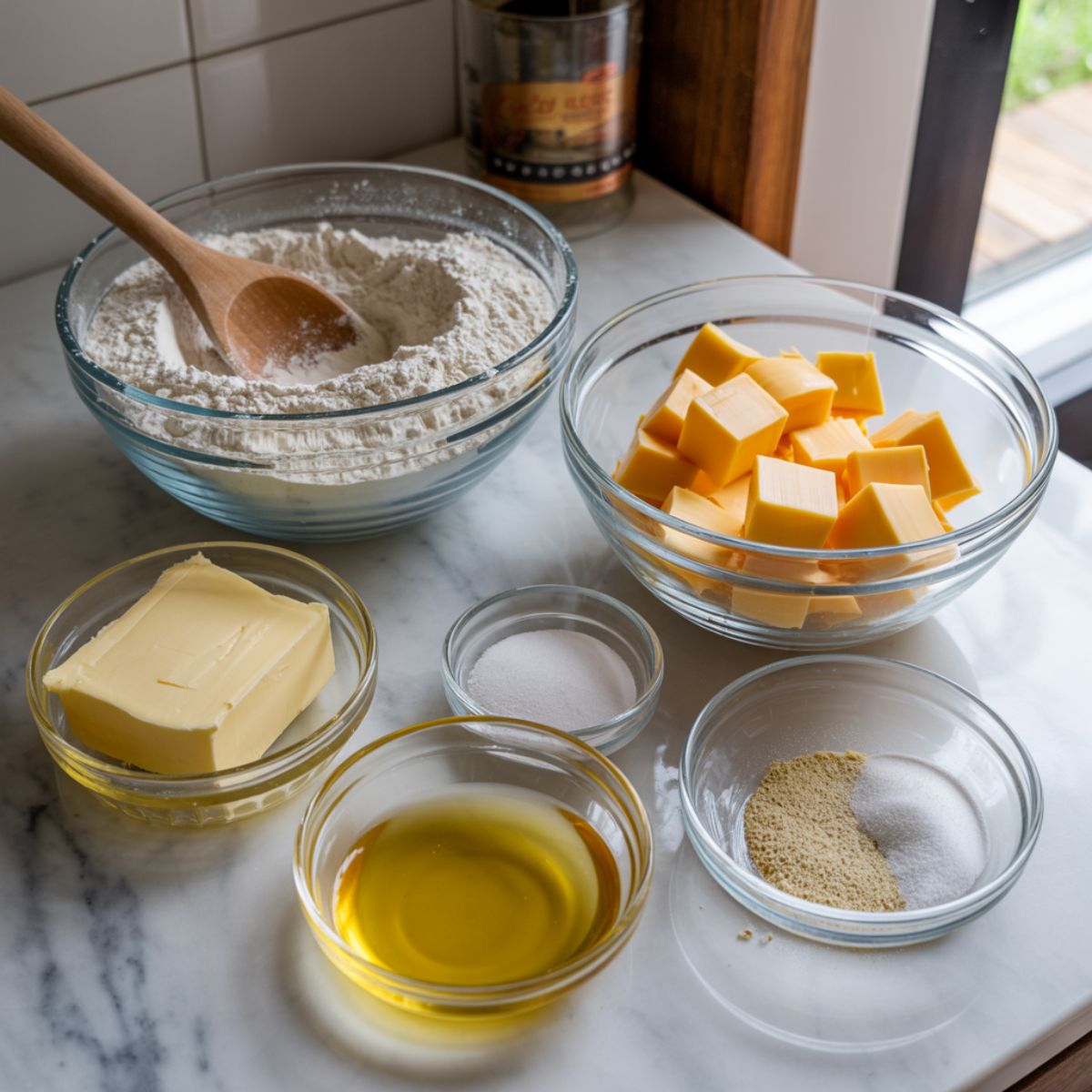 Flat lay of ingredients for homemade cheese pretzel bites, including flour, cheddar cubes, butter, yeast, and salt on a white marble counter.