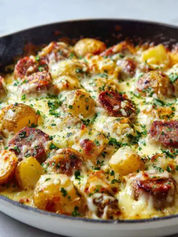 “Homemade cheesy sausage and potato skillet recipe with melted cheddar, golden potatoes, and browned sausage on a white kitchen counter, captured from above.”