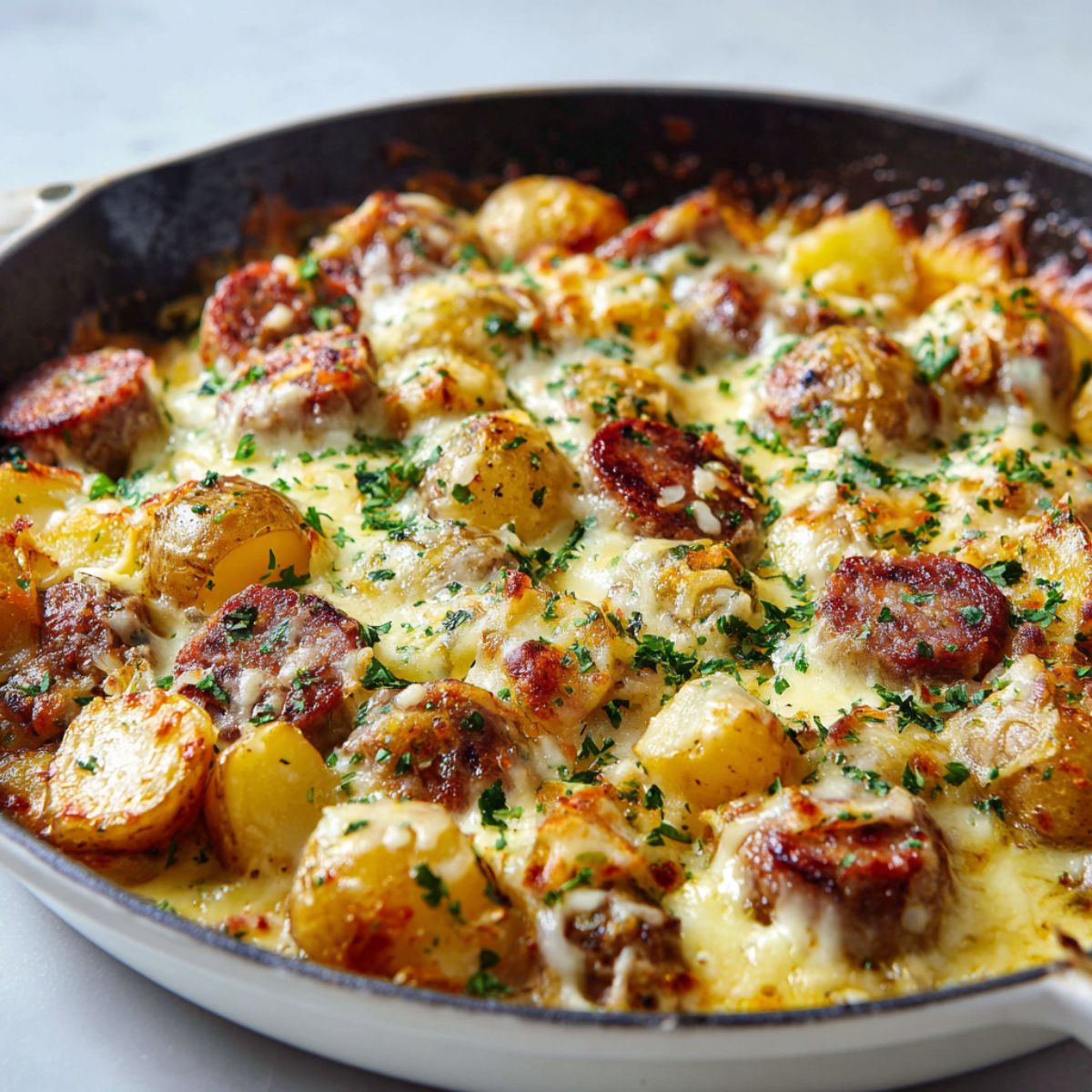 “Homemade cheesy sausage and potato skillet recipe with melted cheddar, golden potatoes, and browned sausage on a white kitchen counter, captured from above.”