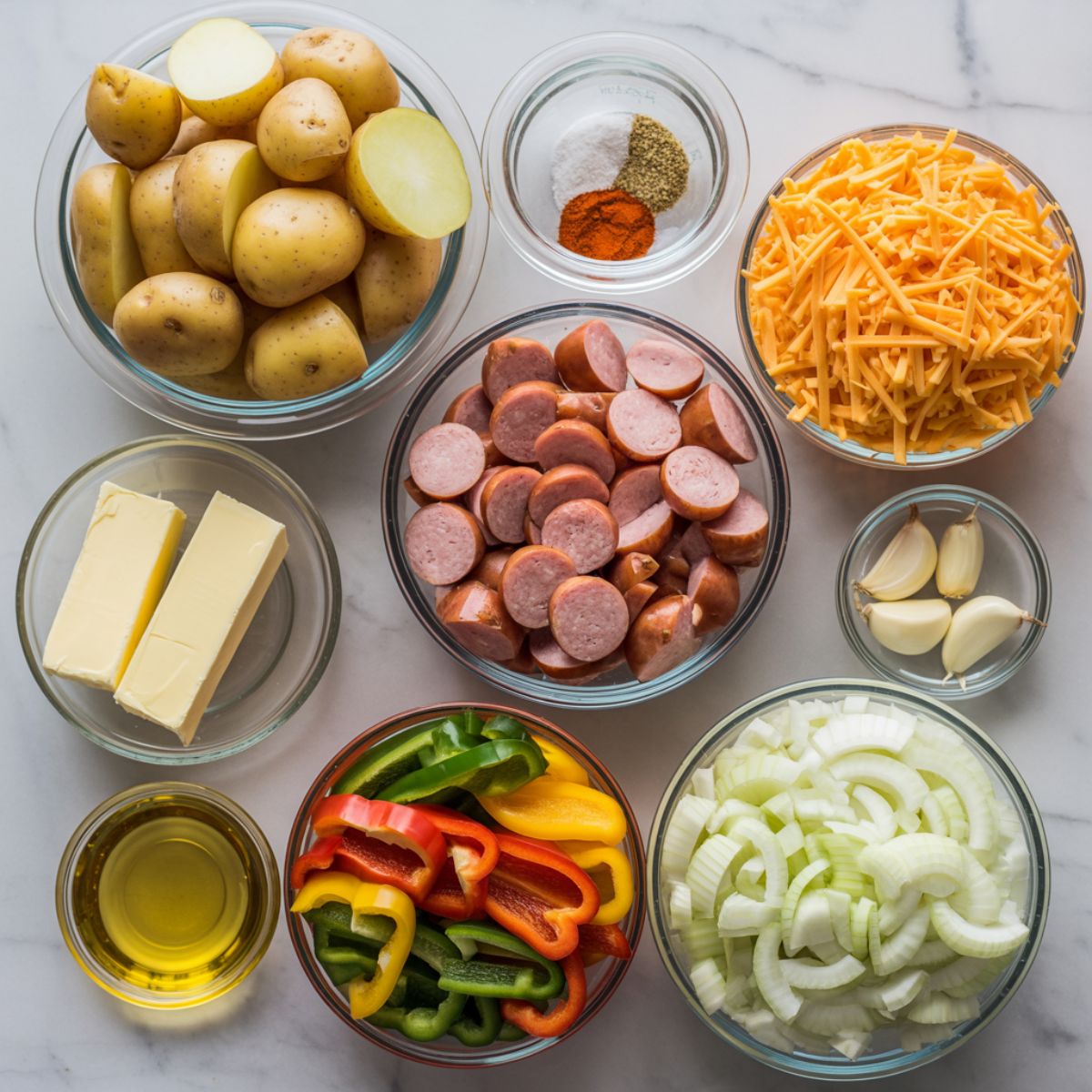 “Overhead view of ingredients for cheesy sausage and potato skillet, including potatoes, sausage, cheese, onions, peppers, and spices on a white kitchen counter.”