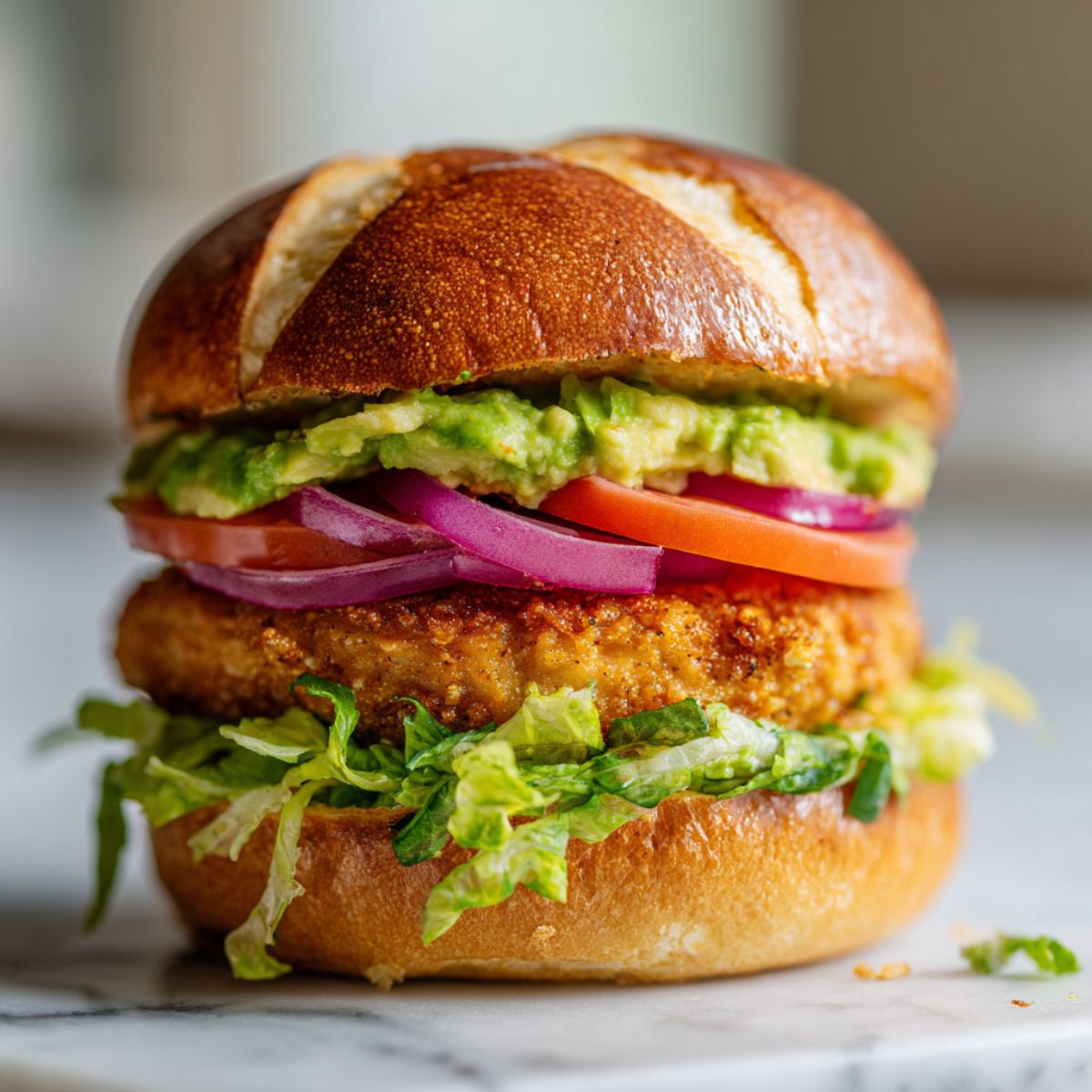 Overhead view of a homemade chicken avocado burger recipe on a white marble counter with tomato, lettuce, and mashed avocado, looking juicy and freshly made.