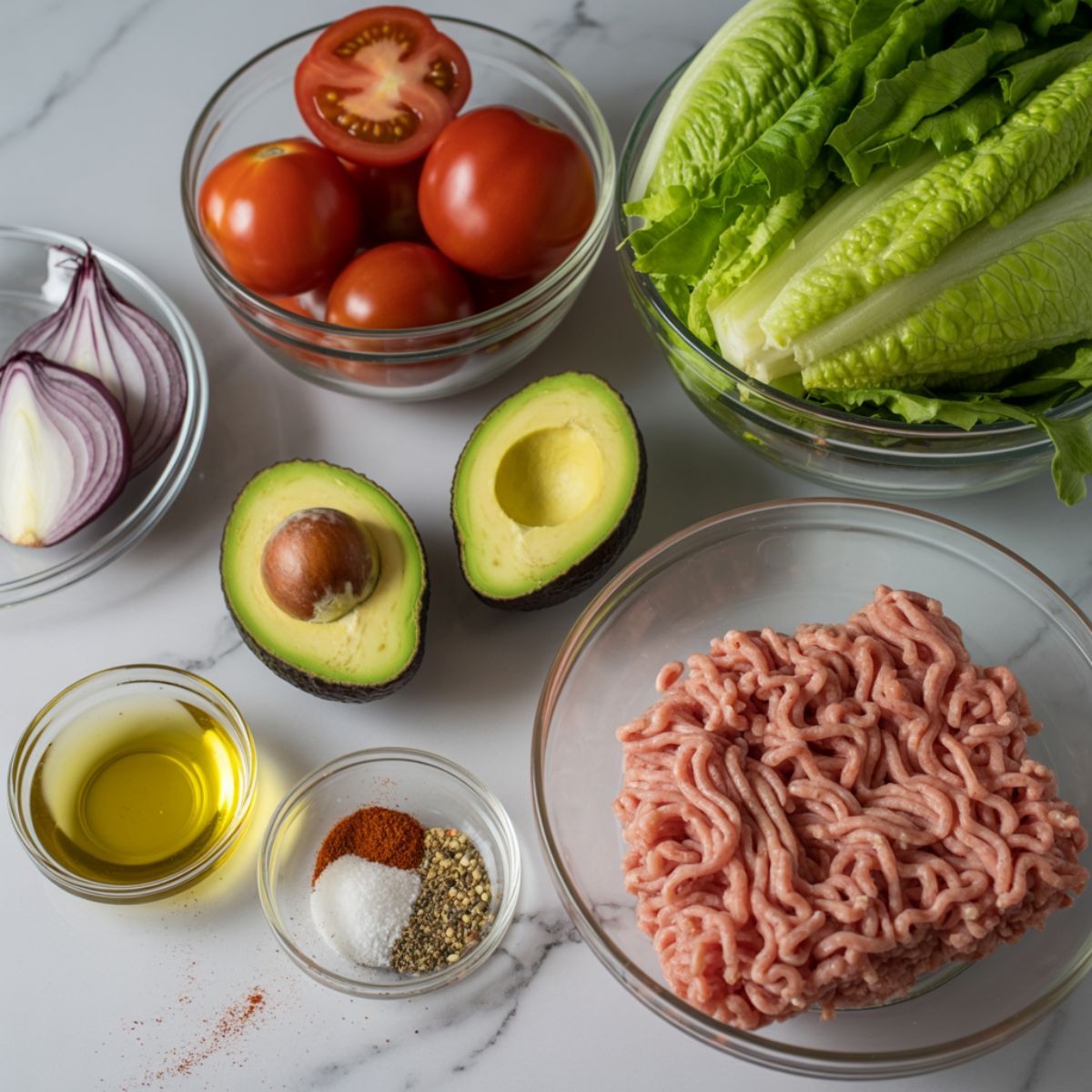 Overhead shot of chicken avocado burger ingredients including ground chicken, avocado, tomato, lettuce, red onion, and spices on a white marble counter with a homemade look.
