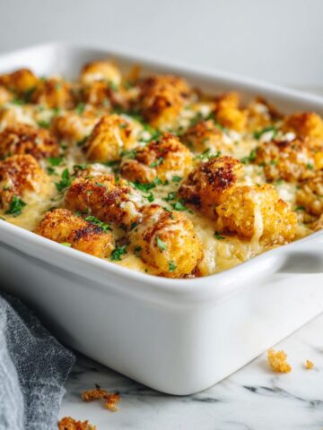 Homemade chicken nugget casserole recipe baked with melted cheese and crispy nuggets on a white marble counter, captured from above in a cozy family kitchen.”