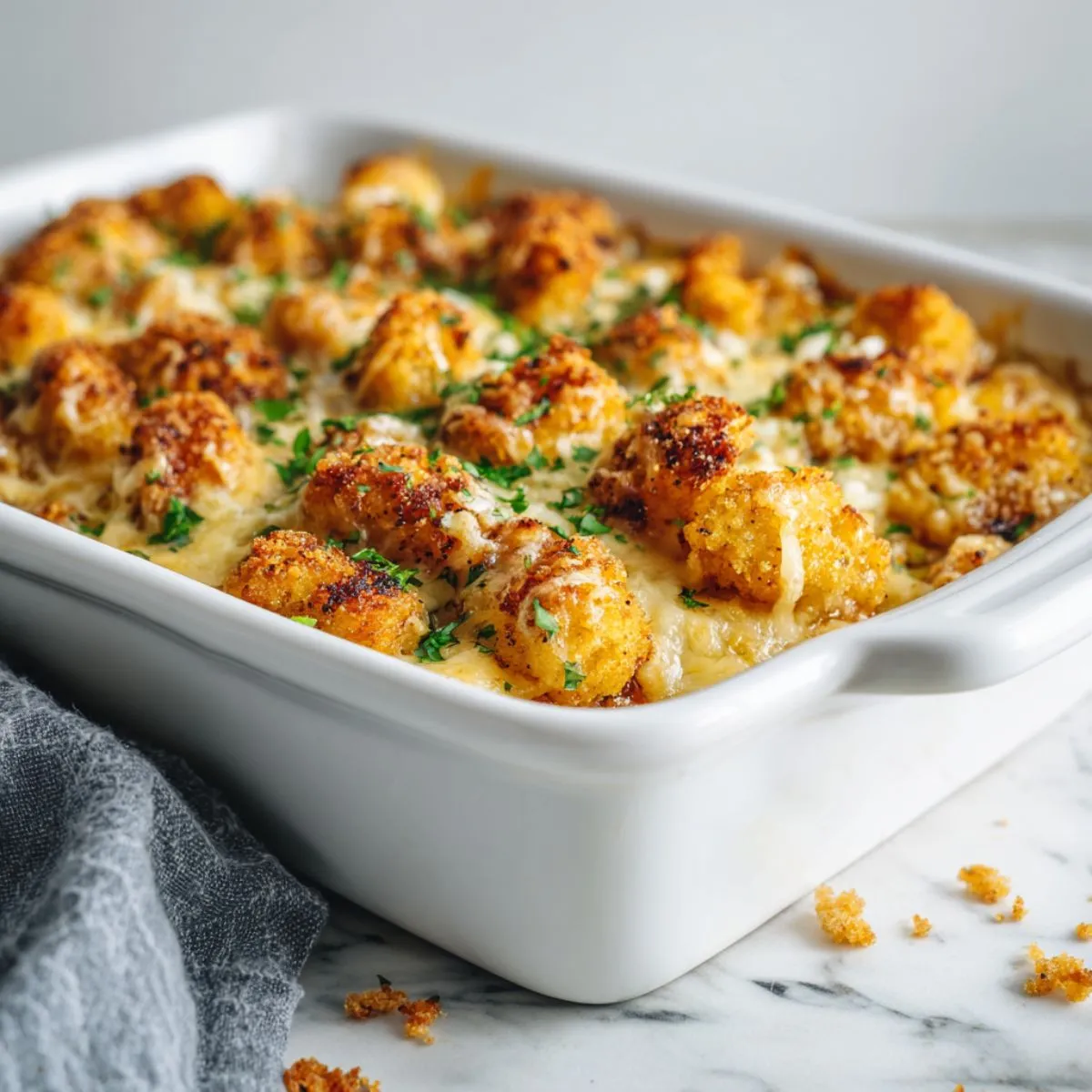 Homemade chicken nugget casserole recipe baked with melted cheese and crispy nuggets on a white marble counter, captured from above in a cozy family kitchen.”
