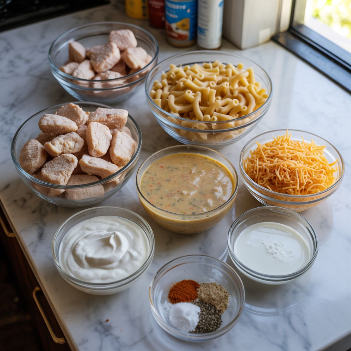 Overhead view of ingredients for a homemade chicken nugget casserole on a white marble kitchen counter, showing chicken nuggets, pasta, cheese, and soup in a casual, realistic setup.