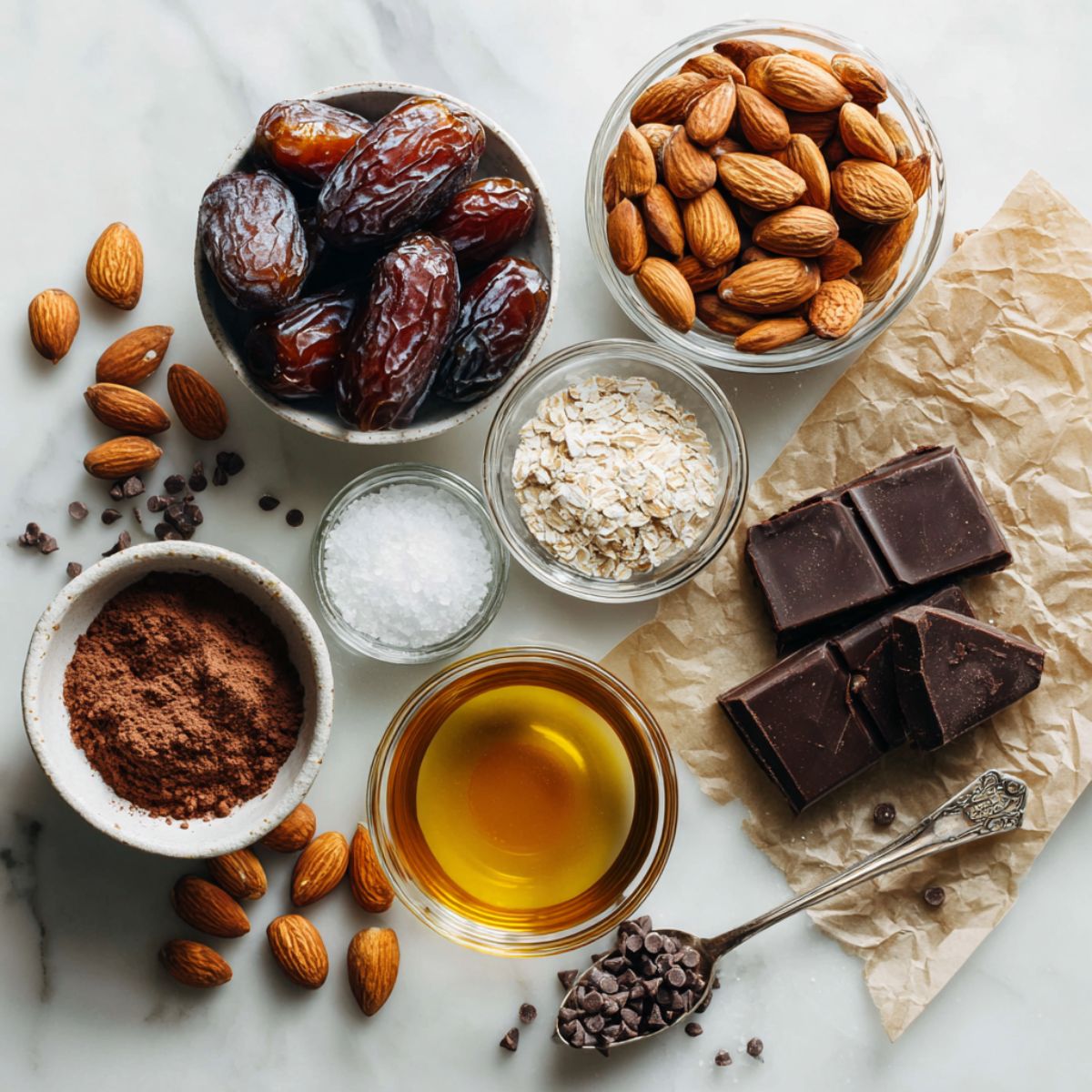 Overhead view of ingredients for chocolate bites including dates, almonds, cocoa powder, coconut oil, and chocolate chips on a white marble kitchen counter in natural light.