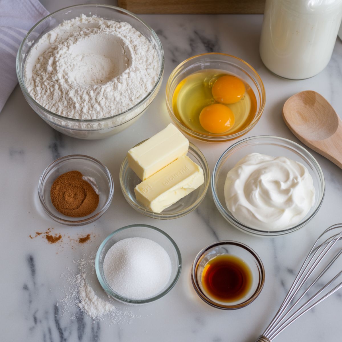Top-down view of churro cupcake ingredients including flour, cinnamon, sugar, butter, and eggs on a white marble kitchen counter.