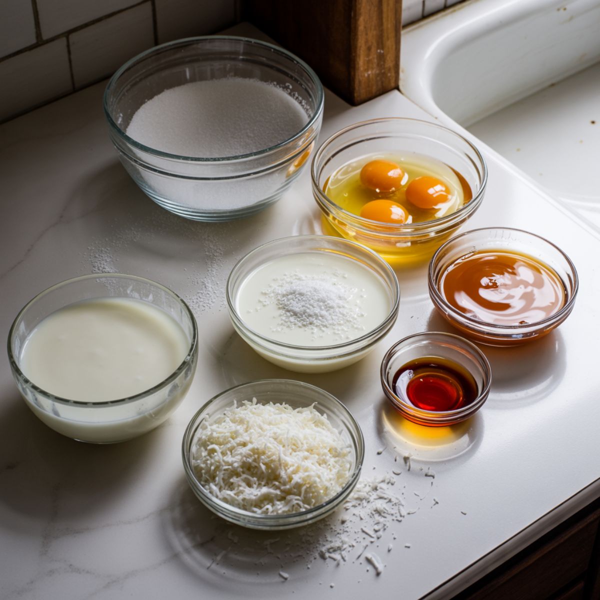 Overhead shot of coconut flan cake ingredients including eggs, coconut milk, sugar, and condensed milk on a white kitchen counter with a homemade, casual setup