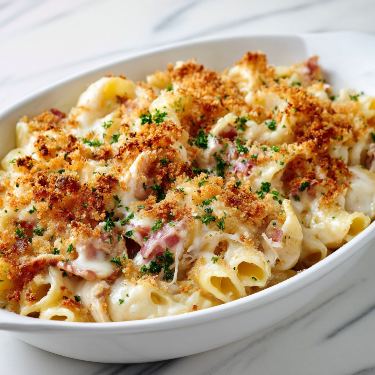 Homemade chicken cordon bleu pasta recipe with creamy Swiss sauce, ham, and golden breadcrumbs on a white kitchen counter.