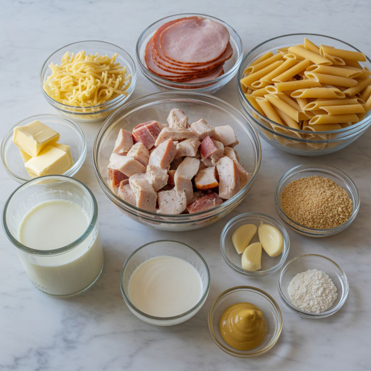 Overhead photo of cordon bleu pasta ingredients laid out on a white marble kitchen counter, including chicken, ham, Swiss cheese, penne, and cream.