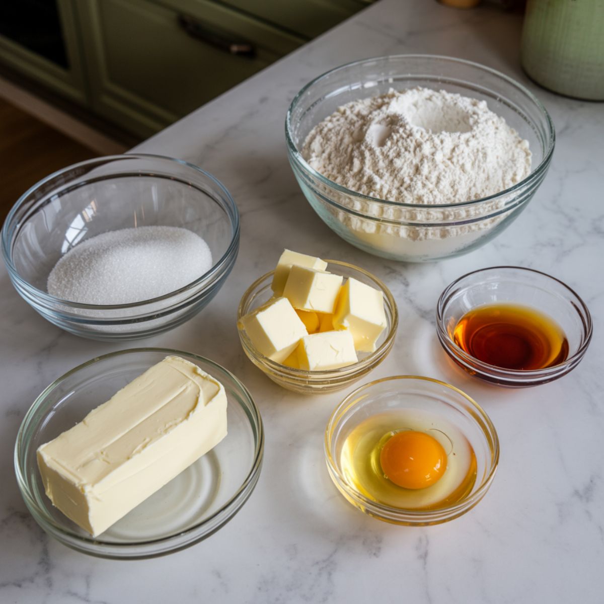 Overhead view of cream cheese empanadas ingredients on a white marble kitchen counter with a warm, homemade feel.