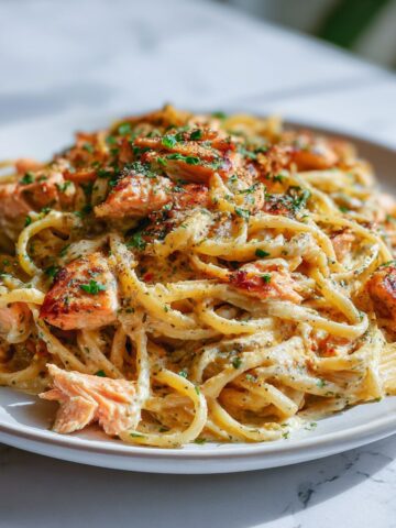 Homemade creamy Cajun salmon pasta recipe topped with seared salmon flakes and parsley, shot from above on a white kitchen counter.