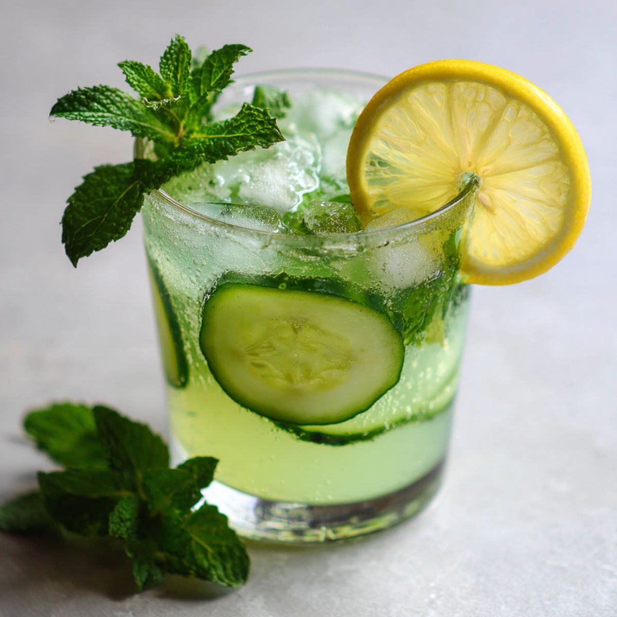 Fresh homemade cucumber mint juice recipe served in a glass with ice, lemon slices, and mint leaves on a white kitchen counter, overhead angle.