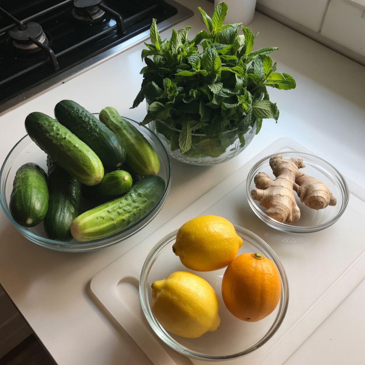 Top view of fresh cucumbers, mint leaves, lemon, and ginger laid out casually on a white kitchen counter, homemade style.
