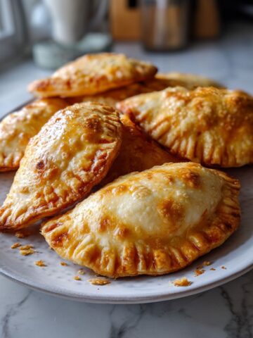 Homemade golden egg empanadas recipe on a white kitchen counter, imperfectly shaped and flaky, captured in natural light from above.