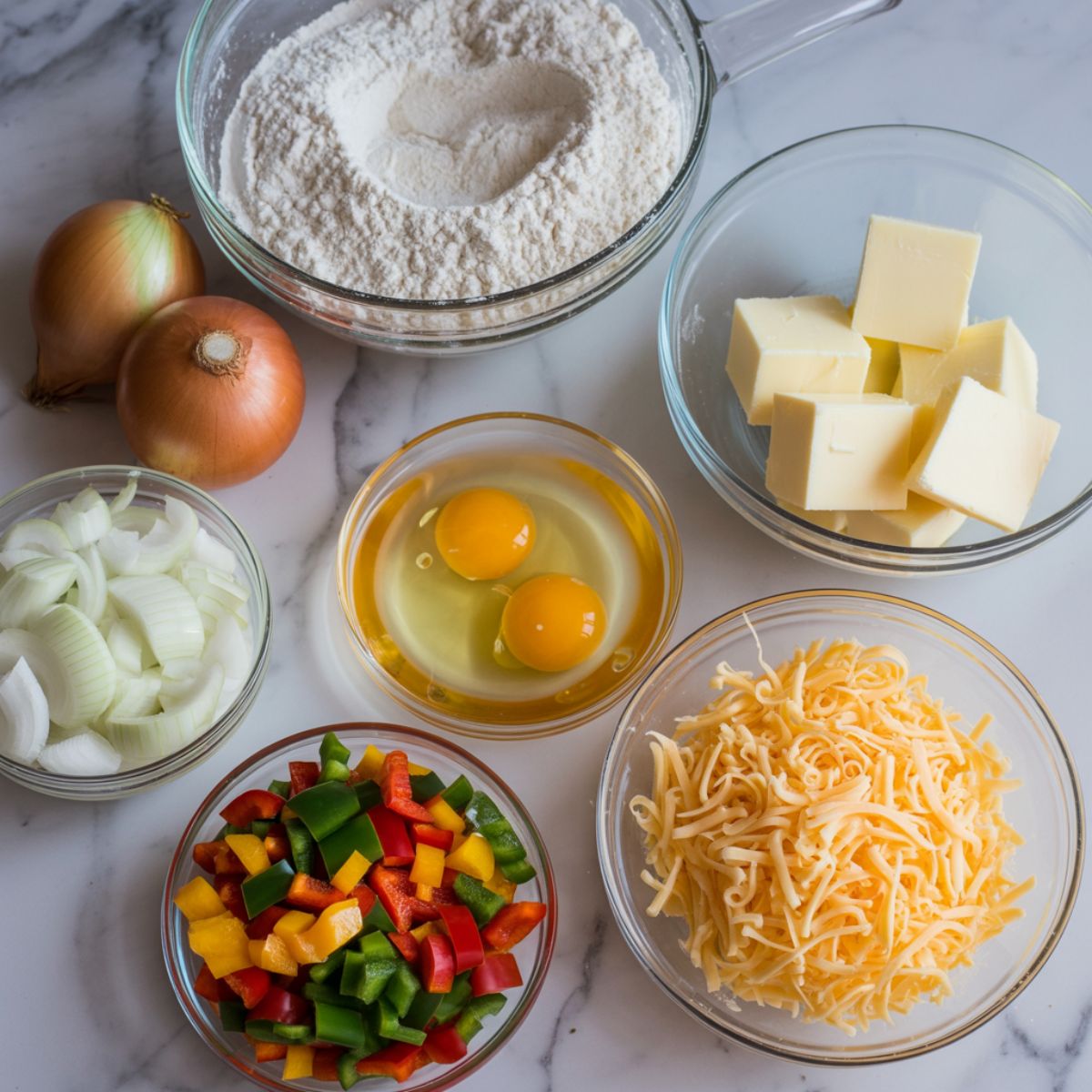 “Top-down view of egg empanada ingredients — flour, eggs, cheese, peppers, and butter — casually arranged on a white kitchen counter with light flour dusting.”