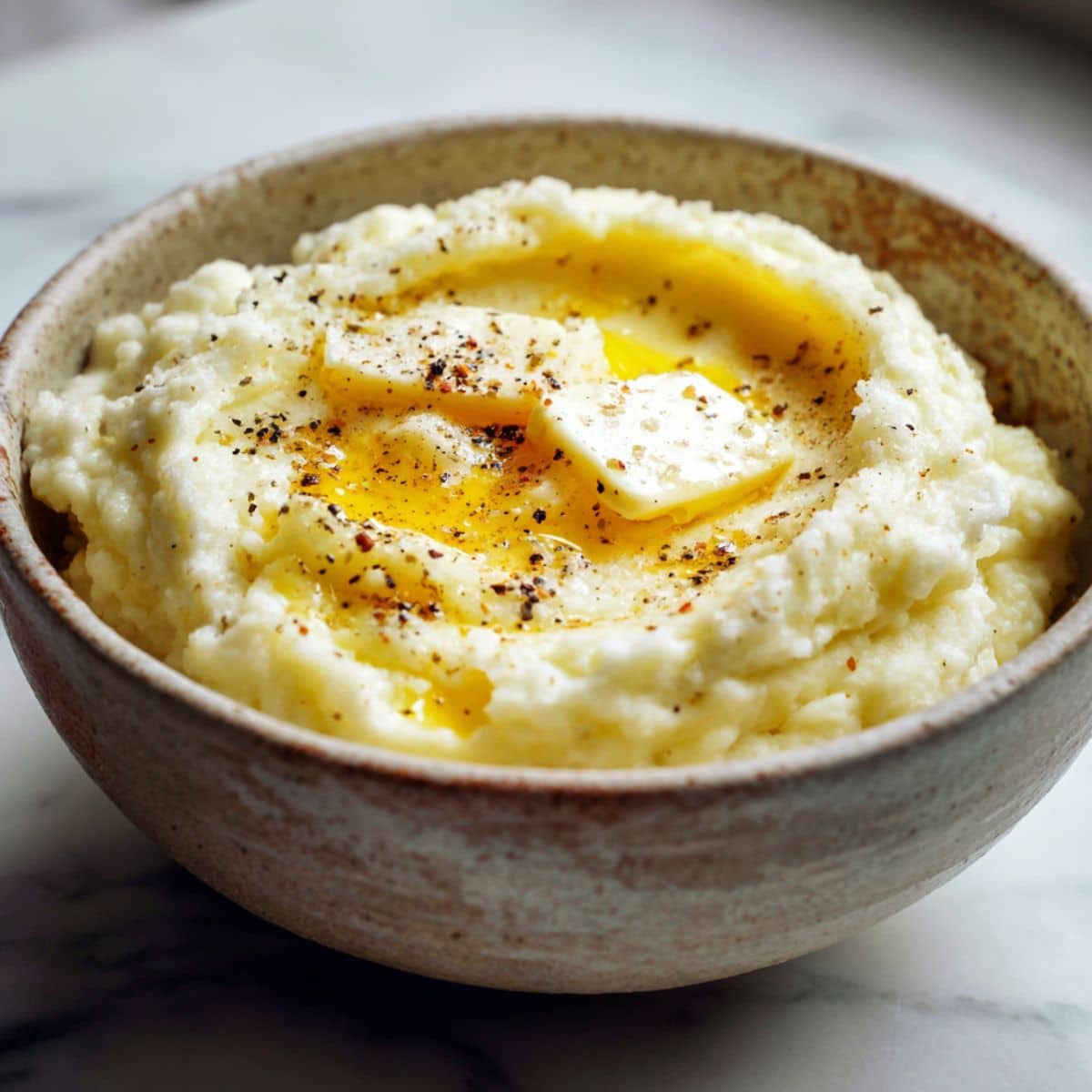 Overhead shot of creamy buttermilk mashed potatoes recipe in a rustic bowl with butter on top, on a white marble kitchen counter — real homemade style.