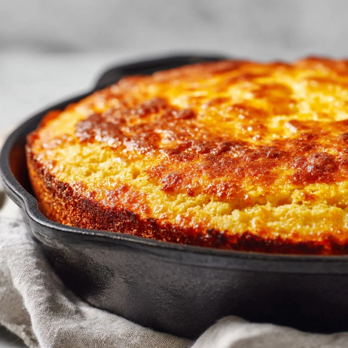 Freshly baked cheesy cornbread recipe in a cast-iron skillet, golden brown and bubbling cheese, photographed from above on a white kitchen counter.