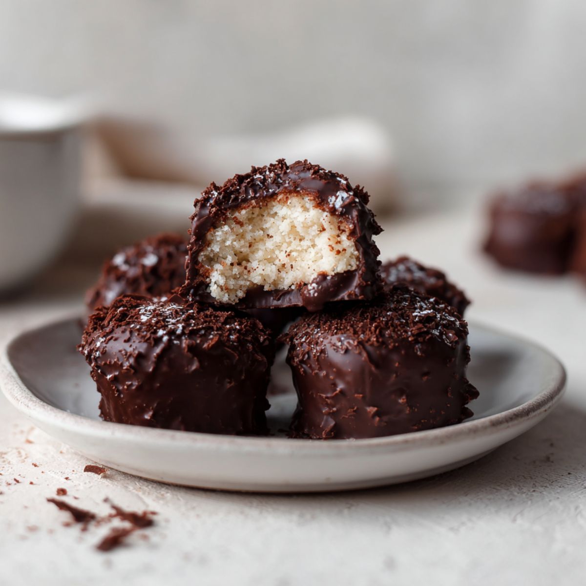 Overhead view of homemade chocolate covered cheesecake bites recipe on a white counter, dipped in glossy chocolate with a natural homemade look.