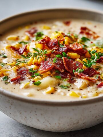 Homemade creamy corn chowder recipe served in a white bowl on a marble counter, topped with corn, bacon, and herbs — rustic and cozy overhead view.