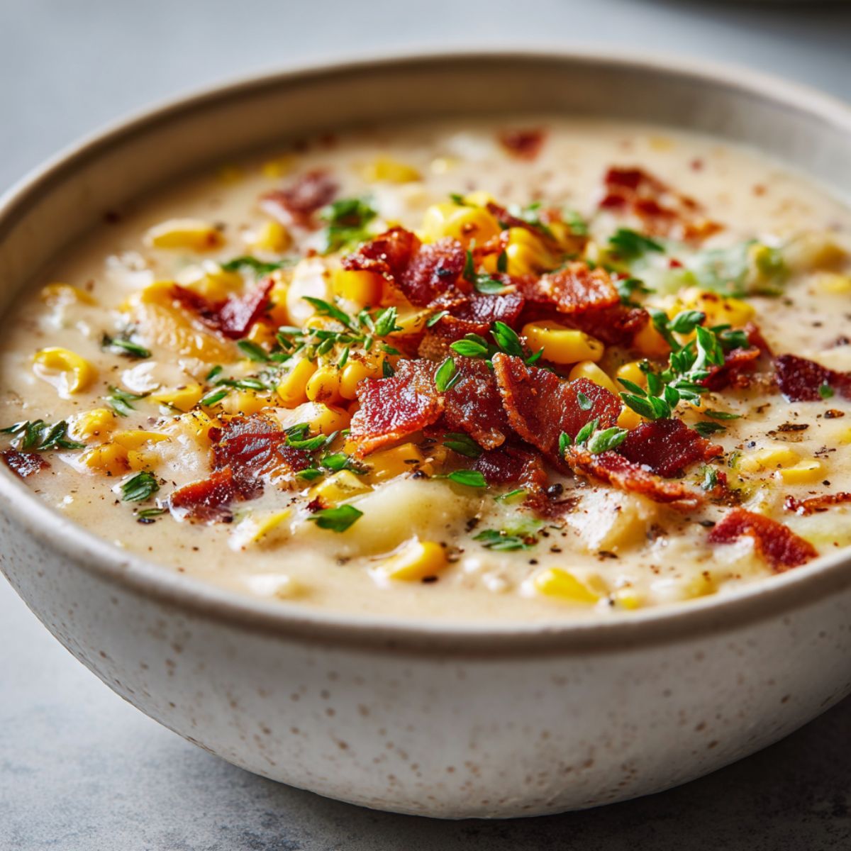 Homemade creamy corn chowder recipe served in a white bowl on a marble counter, topped with corn, bacon, and herbs — rustic and cozy overhead view.