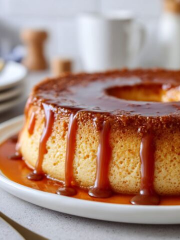 Homemade cream cheese flan recipe with caramel dripping down on a white kitchen counter, captured from overhead in natural light.