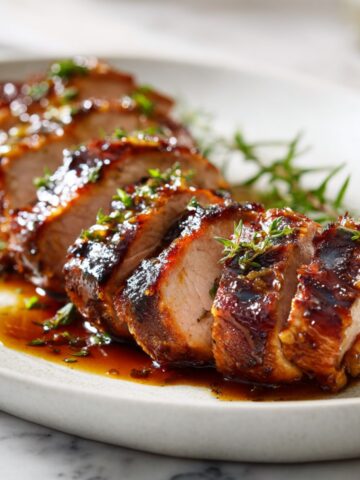Homemade glazed pork tenderloin recipe sliced into medallions with a sticky honey garlic glaze on a white kitchen counter, photographed from above by an amateur home cook.