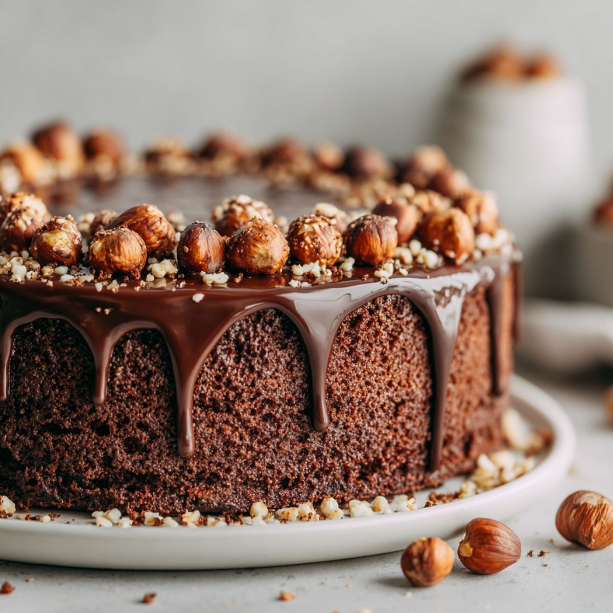 Homemade chocolate hazelnut cake recipe with Nutella ganache dripping over the sides and roasted hazelnuts on top, photographed from above on a white kitchen counter.
