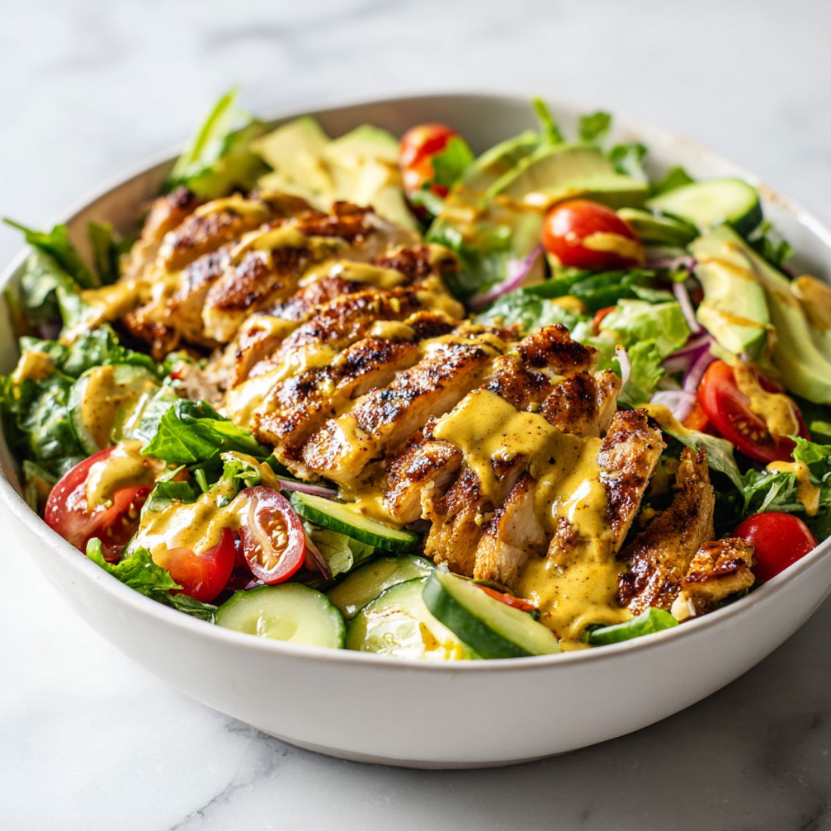 Homemade honey mustard chicken salad recipe in a white bowl with grilled chicken, greens, avocado, and honey mustard dressing on a white kitchen counter.
