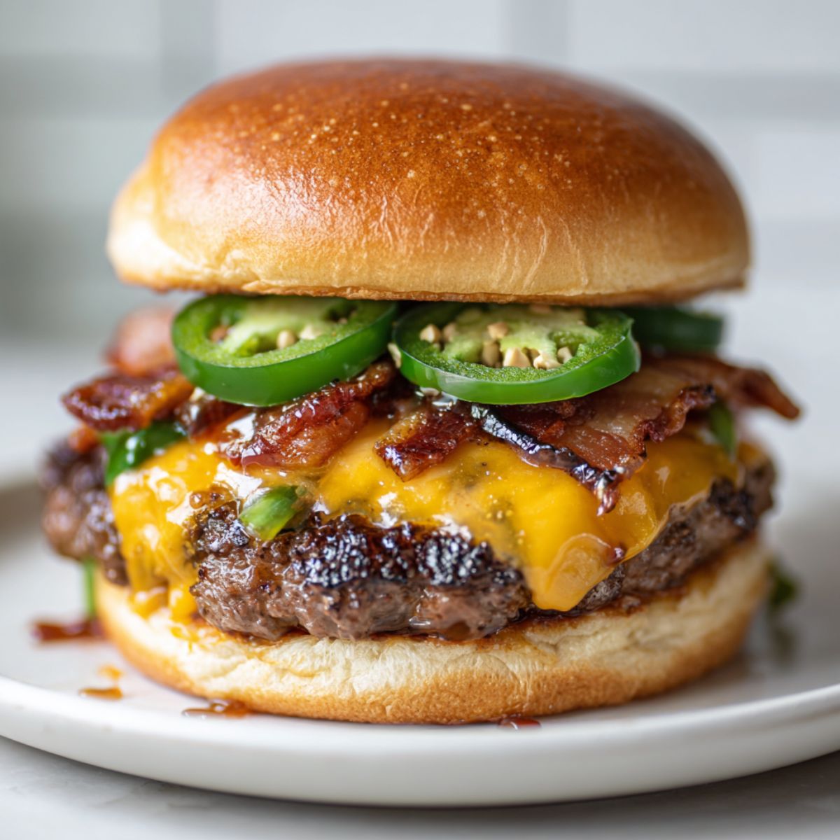 Homemade jalapeño burger recipe with melted cheddar, bacon, and fresh jalapeño slices on a white kitchen counter — photographed from above in a real home kitchen.