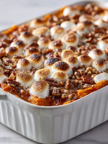 Overhead shot of a freshly baked loaded sweet potato casserole recipe topped with golden marshmallows and pecans on a white kitchen counter, looking homemade and comforting.