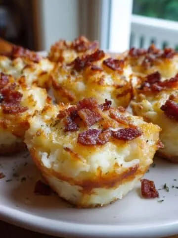 Overhead view of homemade mashed potato cups recipe baked in a muffin tin, topped with melted cheese and bacon bits on a white kitchen counter